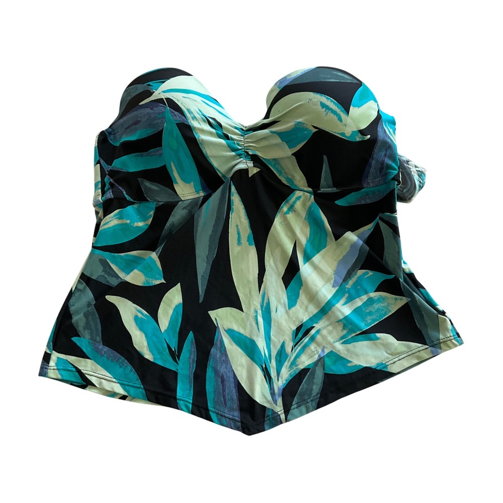 Mynah Tankini Swim Top Womens Medium Teal Black Abstract Palm Bandeau